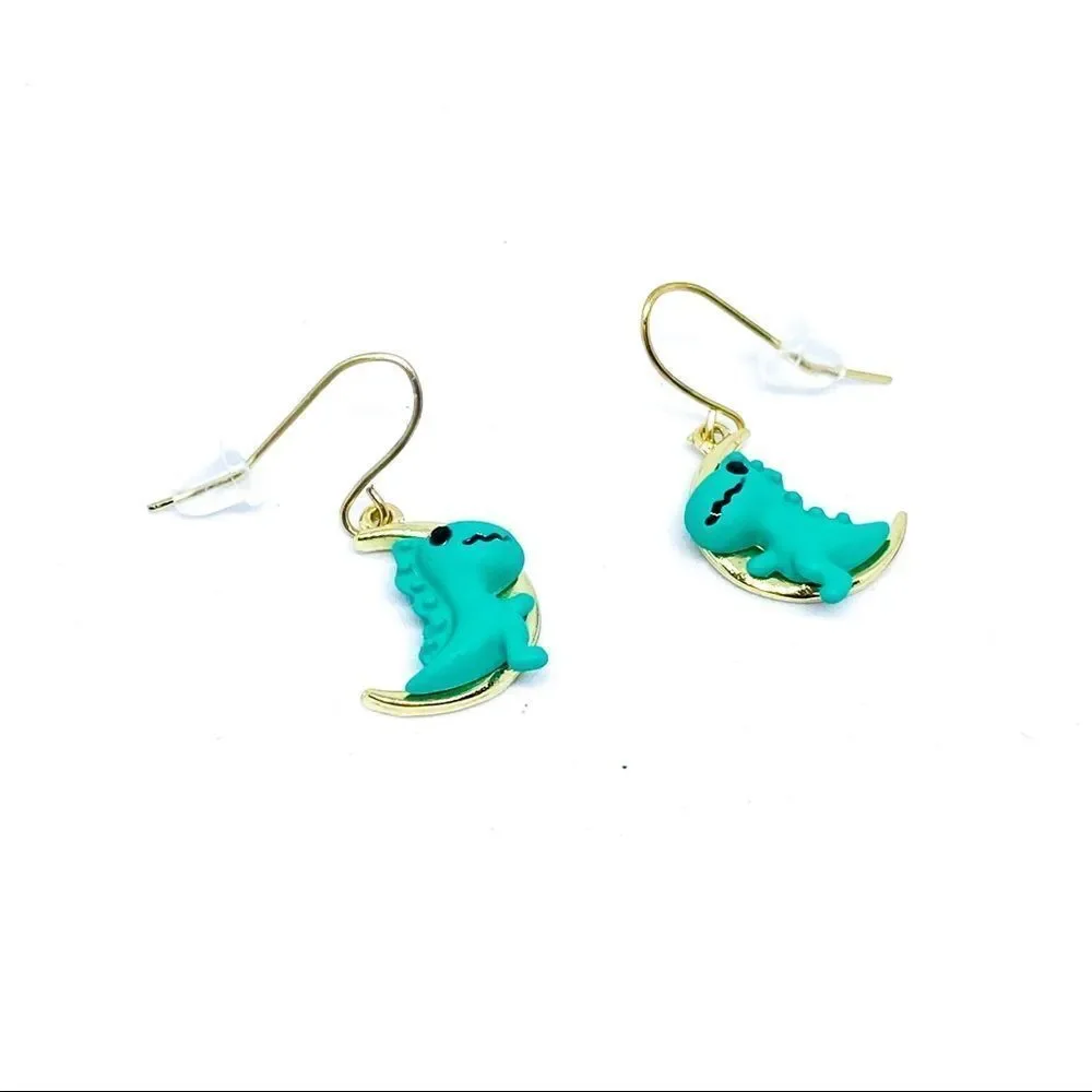 NWT Green Dinosaur Gold Fish Hook Earrings